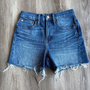 Madewell High Rise Denim Shorts Medium Wash Raw Hem Size 24 Cotton Blend